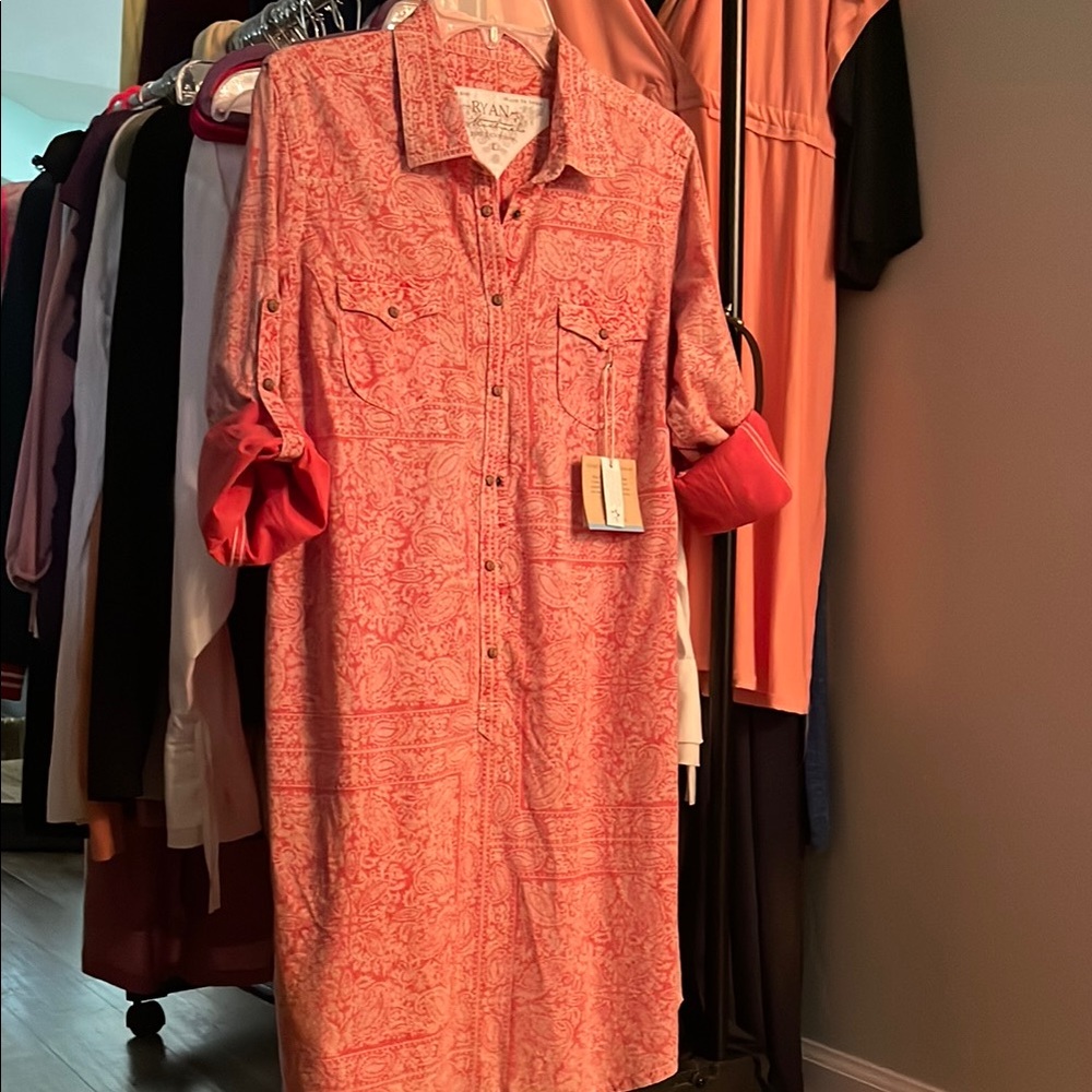 Casual Soft Red Paisley Western Mini Shirt Dress